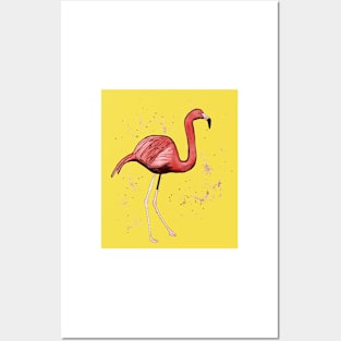 Flamingo with tropical leaves and an illuminating background Posters and Art